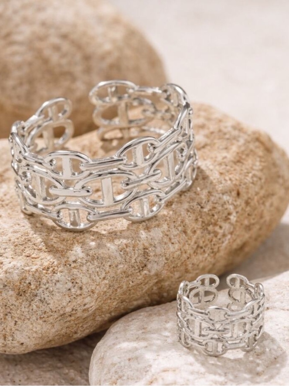 Silver Mariner Pignose Link Chain Open Cuff Bangle Ring Bracelet Set